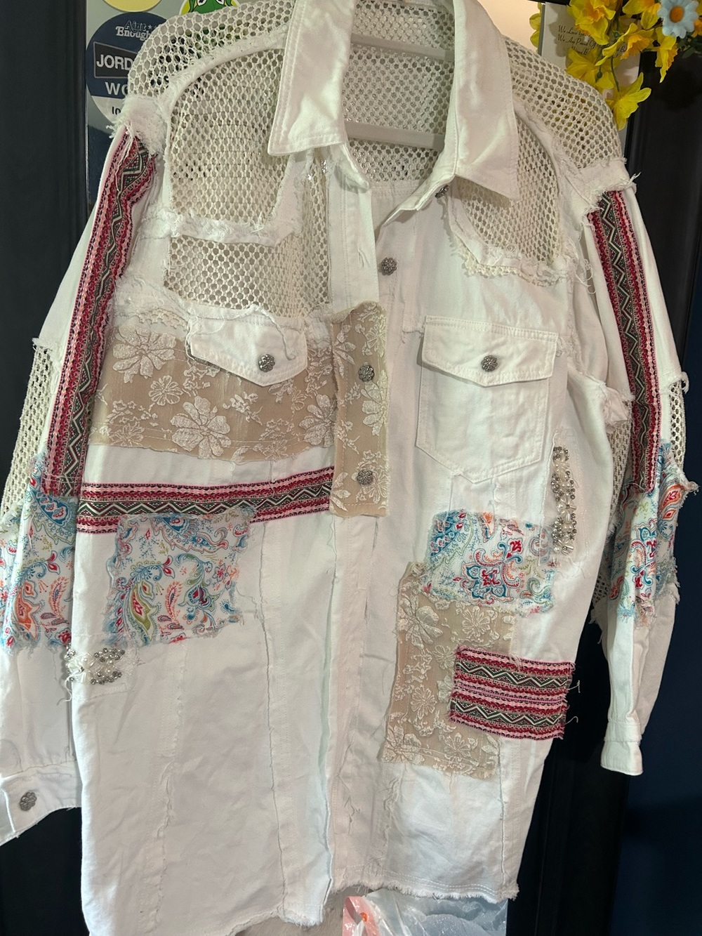 POL White Crochet-Back Button Down Jacket/Shirt